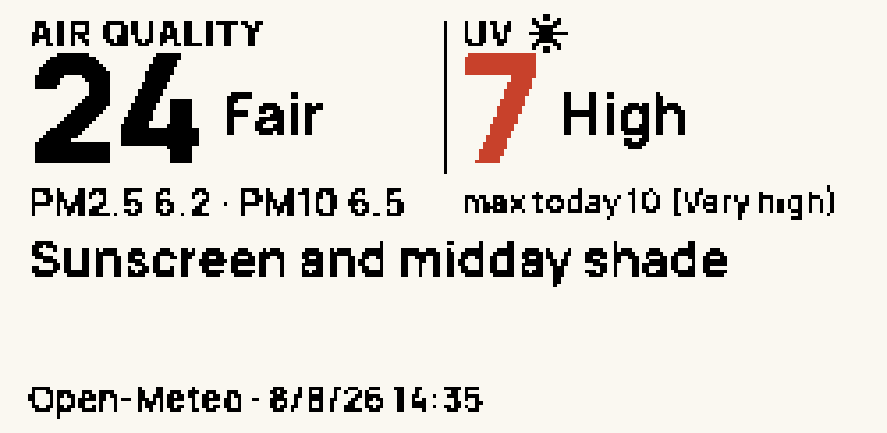 Air & UV face: air quality 24, fair, with PM2.5 and PM10; UV 7, high, today's peak 10; and the tip Sunscreen and shade at noon