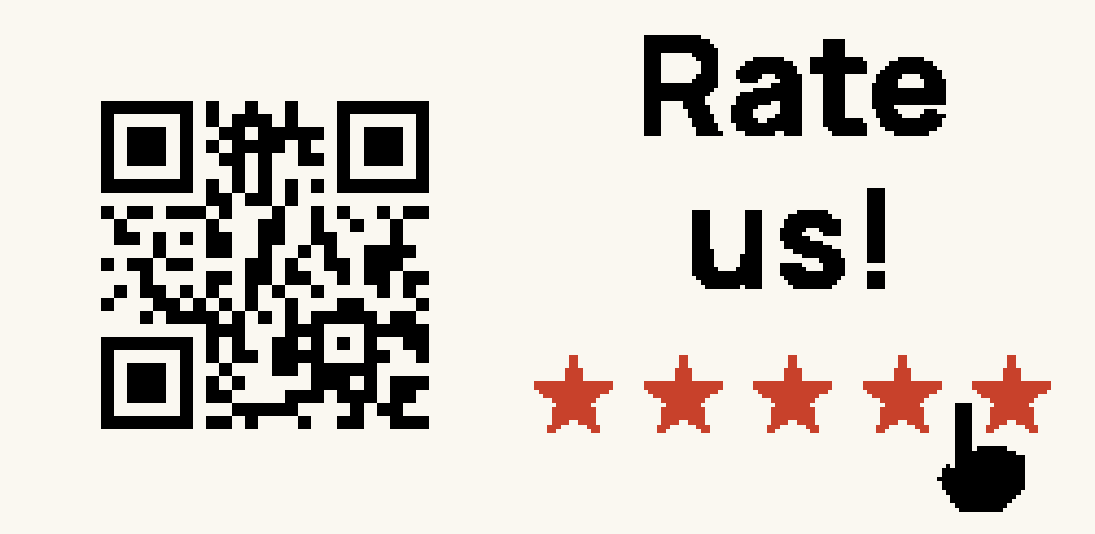 Rate us face: a QR code next to the words Rate us, five stars and a hand about to tap the last one