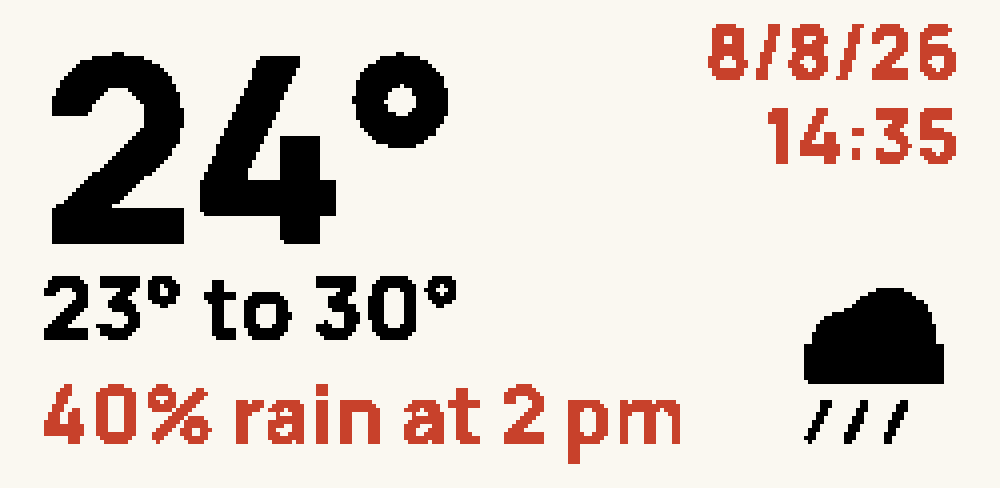 Weather face: 24 degrees, 23 to 30, 40% rain at 2 pm, with the date and time of the last update