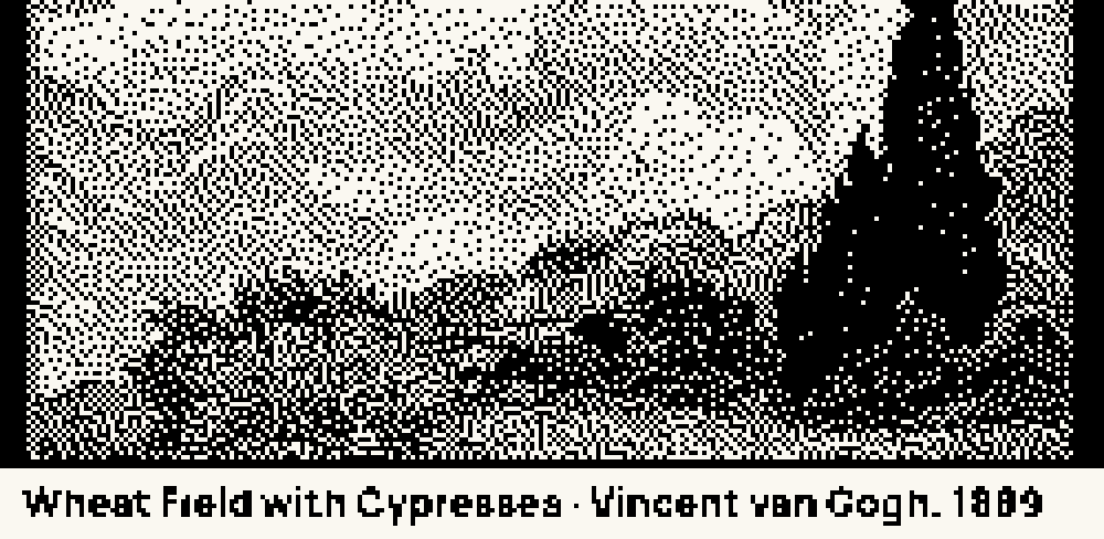 Gallery face: a public-domain painting dithered in black and white, with title, artist and year in a caption band