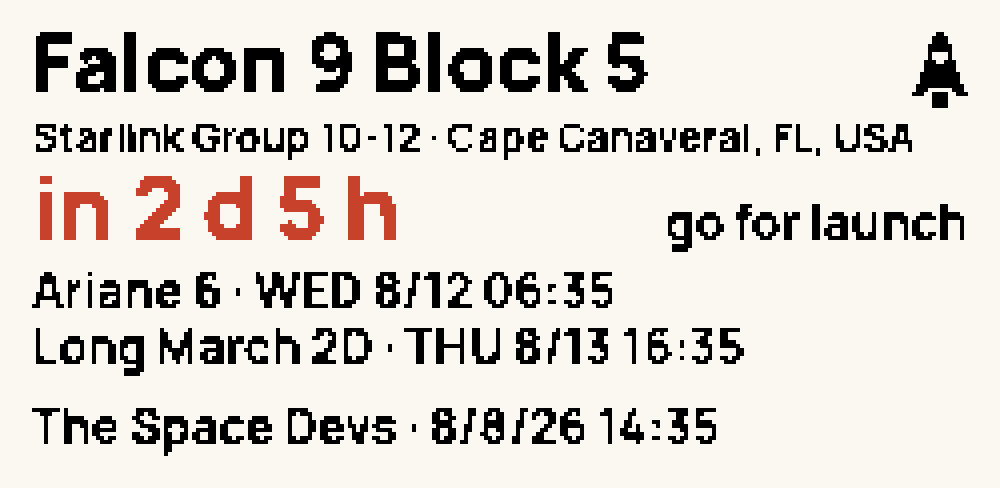 Launches face: Falcon 9 Block 5, Starlink mission from Cape Canaveral, in 2 days 5 hours in red, confirmed, and the next two launches, Ariane 6 and Long March 2D