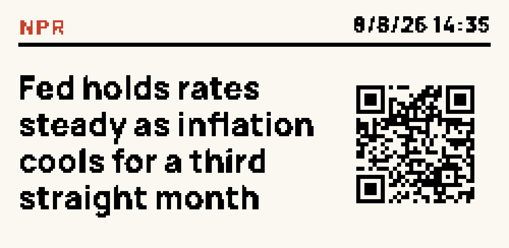 Headline face: the latest Google News headline for your country, with the outlet, the time and a QR code that opens the story
