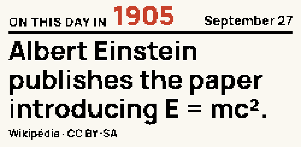 On this day face: the label On this day in 1905, the date September 27 and the sentence Albert Einstein publishes the paper introducing E = mc²