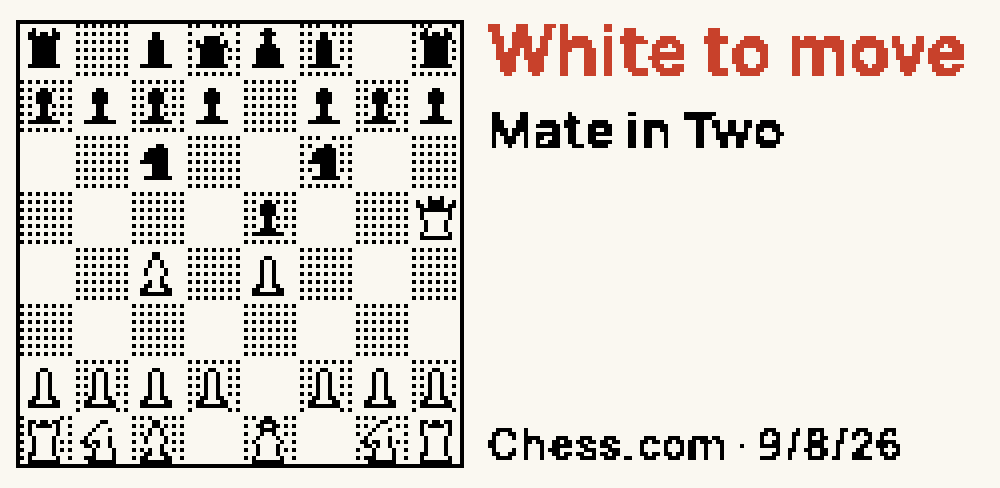 Chess face: a board with the daily puzzle position, the note White to move in red and the line Mate in two, from Chess.com