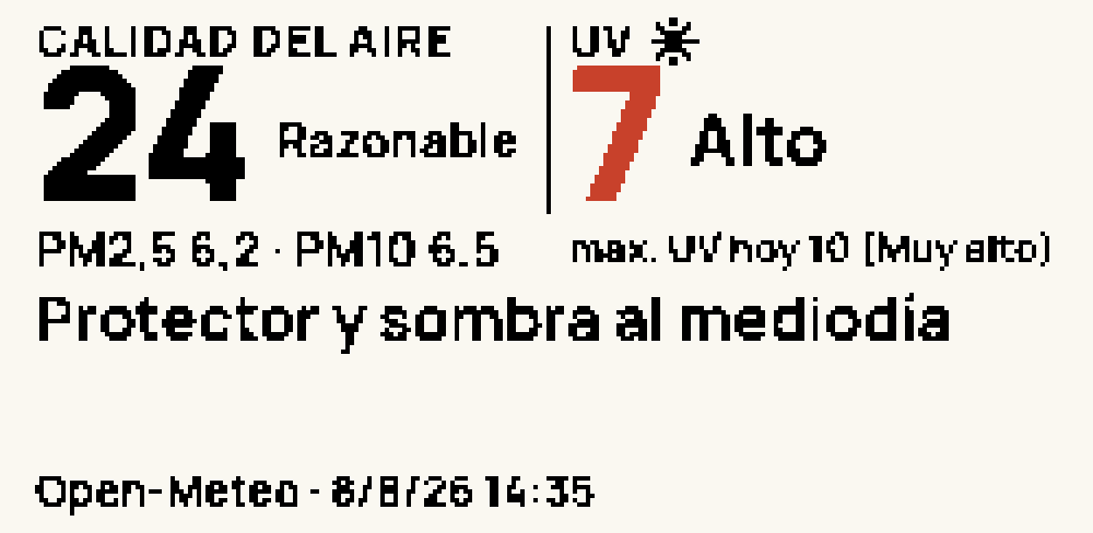 Cara Aire y UV: calidad del aire 24, razonable, con PM2,5 y PM10; UV 7, alto, máximo del día 10; y el consejo Protector y sombra al mediodía