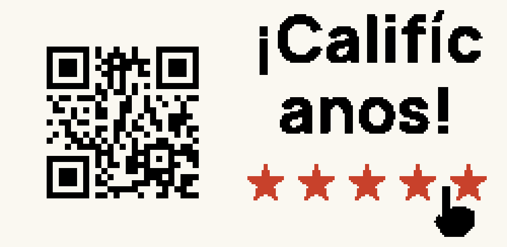Cara Califícanos: un QR junto a las palabras Califícanos, cinco estrellas y una manito a punto de tocar la última