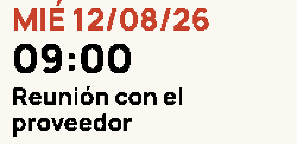 Cara Próximo evento: día de la semana, fecha, hora y título de la cita