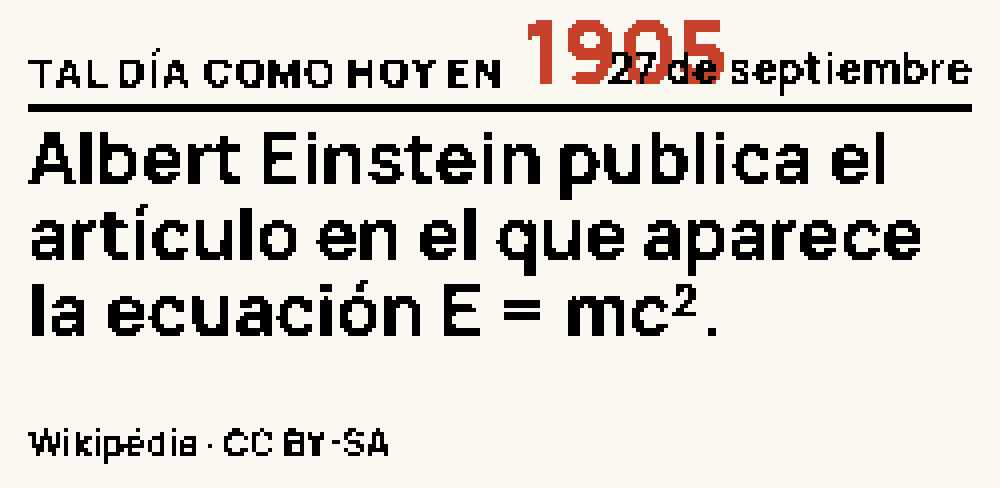 Cara Tal día como hoy: la etiqueta Tal día como hoy en 1905, la fecha 27 de septiembre y la frase Albert Einstein publica el artículo donde aparece la ecuación E = mc²