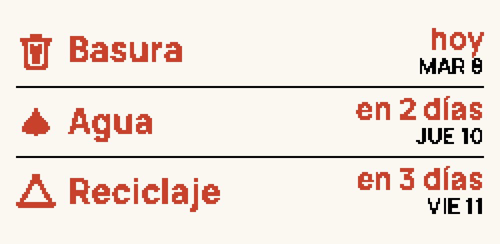 Cara Vencimientos: las tres próximas cuentas, recogidas de basura o fechas anuales con los días que faltan, en rojo a tres días o menos