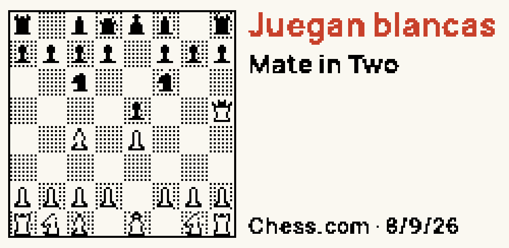 Cara Ajedrez: un tablero con la posición del problema del día, el aviso Juegan blancas en rojo y la línea Mate en dos, de Chess.com