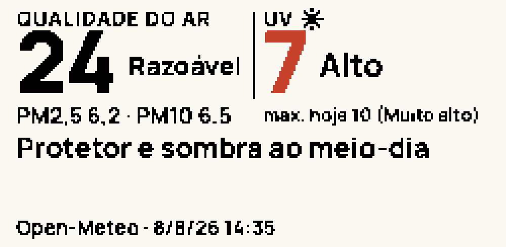 Face Ar e UV: qualidade do ar 24, razoável, com PM2,5 e PM10; UV 7, alto, máximo do dia 10; e o conselho Protetor e sombra ao meio-dia