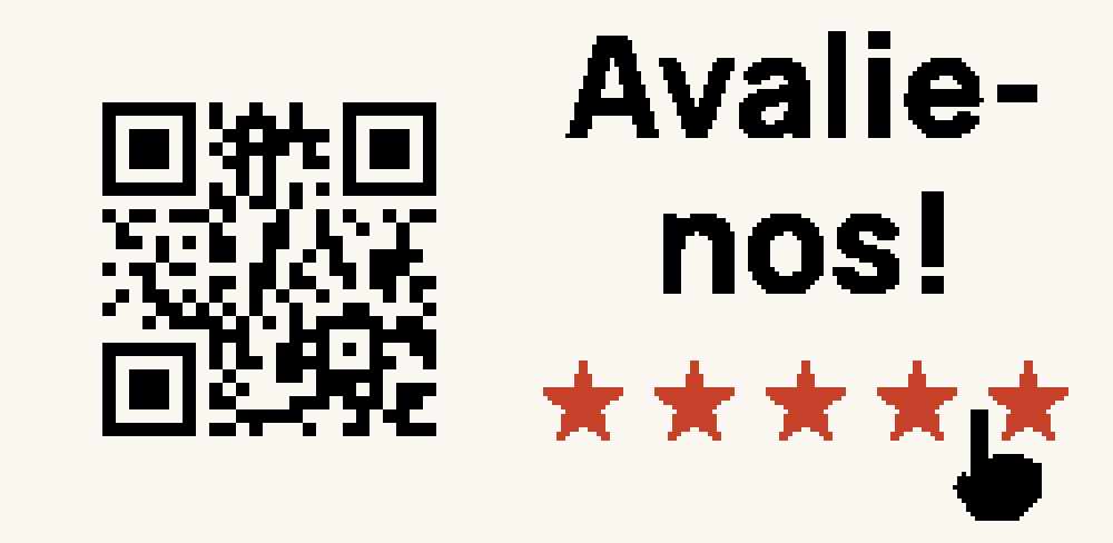Face Avalie-nos: um QR ao lado das palavras Avalie-nos, cinco estrelas e uma mãozinha prestes a tocar a última