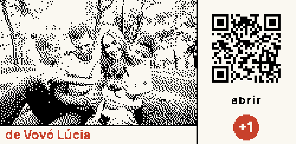 Face Cartão Postal: foto enviada por alguém, pontilhada, com o nome de quem mandou, um QR que abre o cartão inteiro e o contador de não lidos
