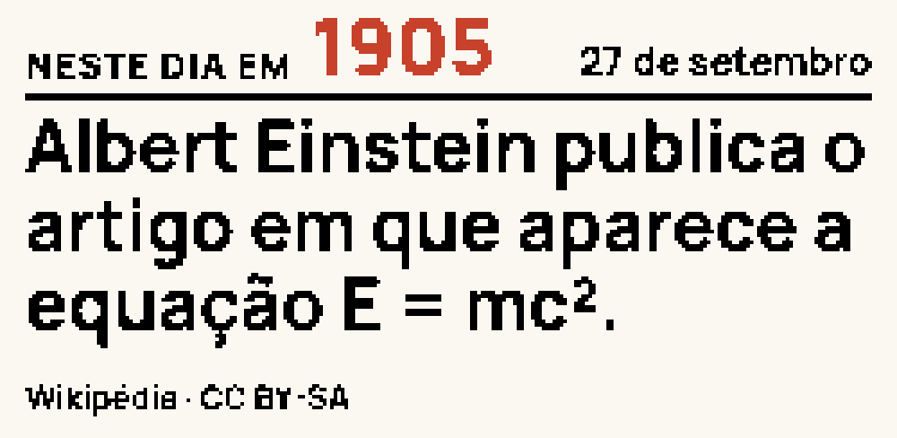 Face Neste dia: a etiqueta Neste dia em 1905, a data 27 de setembro e a frase Albert Einstein publica o artigo em que aparece a equação E = mc²