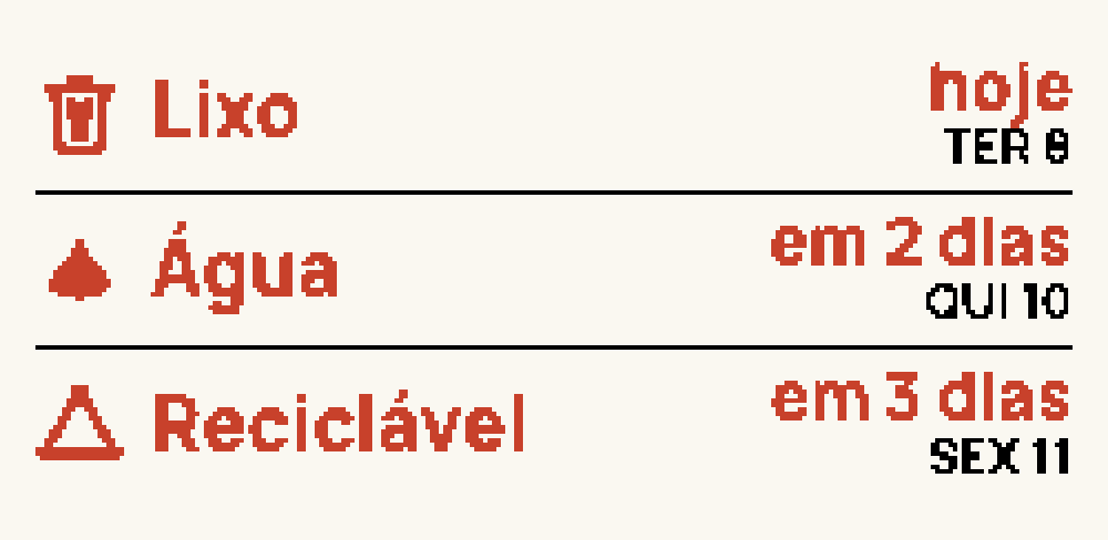 Face Vencimentos: as três próximas contas, coletas de lixo ou datas anuais com os dias que faltam, em vermelho a três dias ou menos